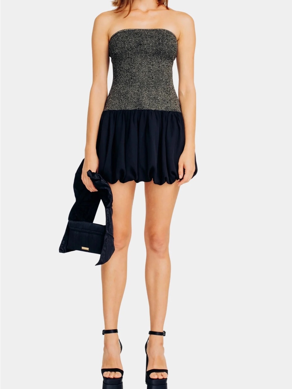 Strapless Metallic Top Bubble Hem Mini Dress - Black & Silver